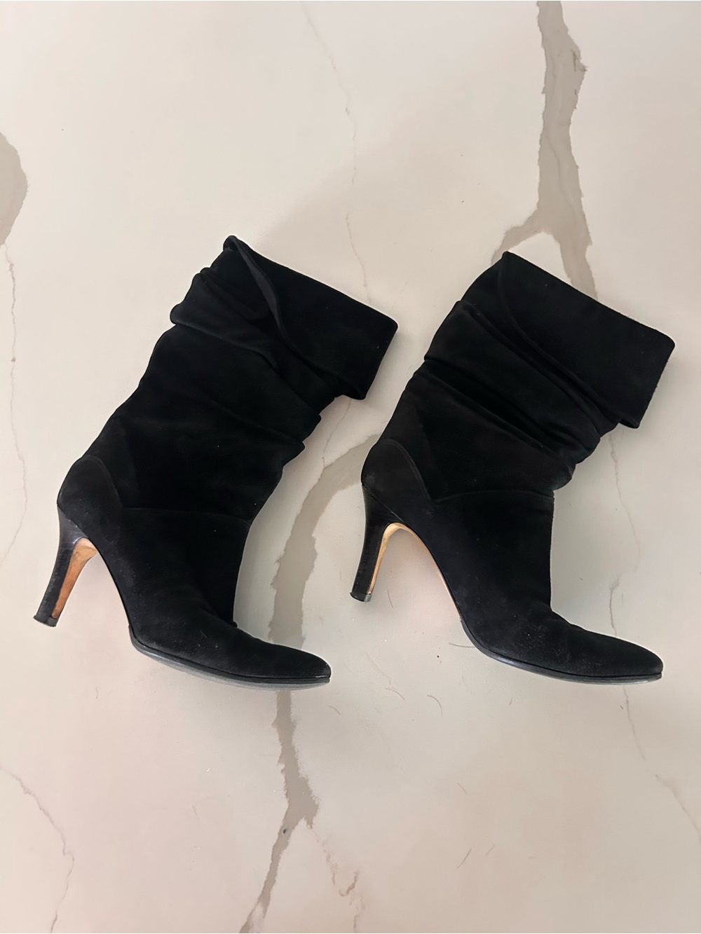 Manolo Blahnik Black Suede Slouchy Mid-Calf Heeled Boots